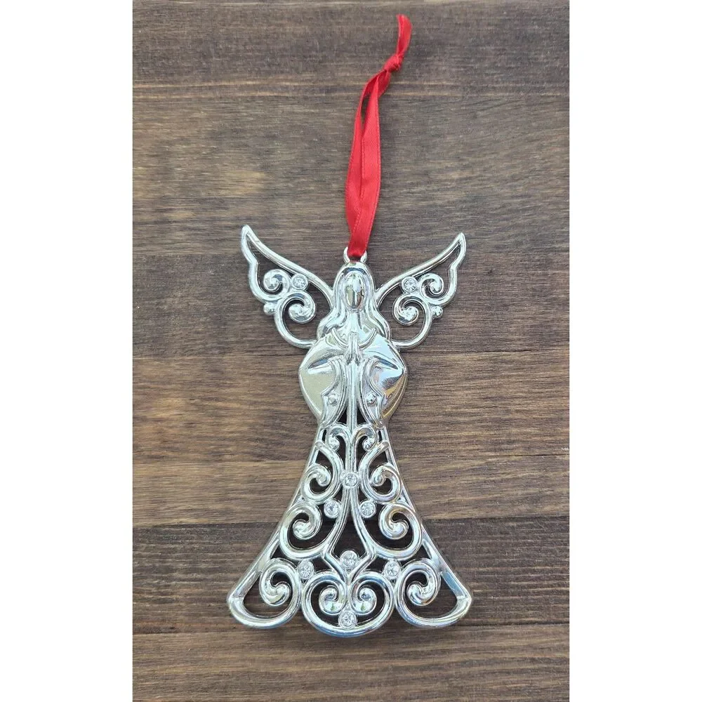 Lenox Silver Filigree Angel Christmas Ornament Jeweled Metal 4.5 Inch